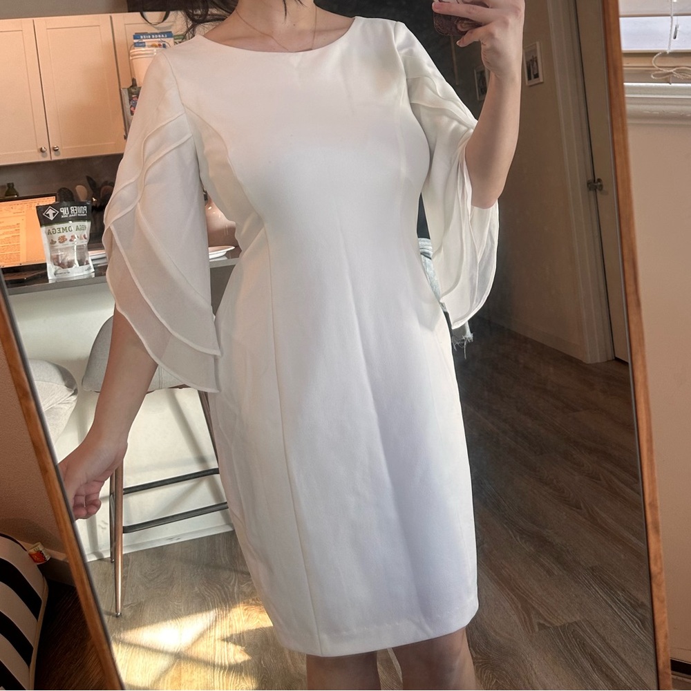 DKNY White Sheath Dress with Flutter Long Sleeves